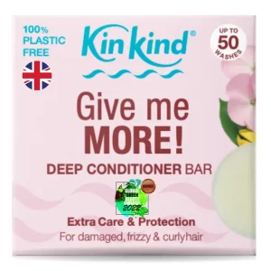 Give me More. Deep conditioner bar. label showing the brand name KinKind in blue at the top. A circle uk flag showing that it is a uk brand. A circle to the right showing the bar offers up to 50 washes.