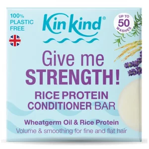 KinKind Give me strength rice protein conditioner bar product label. Plastic free, Uk brand, up to 50 washes.