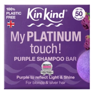 Brassy tones be gone. My platinum touch purple shampoo bar label. 100% plastic free. Up to 50 washes. made in the uk
