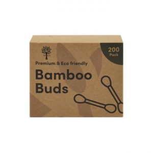Bamboo earbuds Recycled card box with the words Bamboo Buds written and graphics of 2 cotton buds