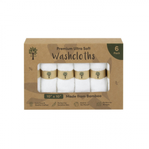 Bamboo face cloths Recycled card box with a window showing white bamboo facecloths rolled with a label around them