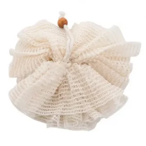 organic cotton pouf with wooden bead on the hanging string