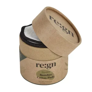 reusable makeup remover pads in a brown card tub with the lid lifted slightly off