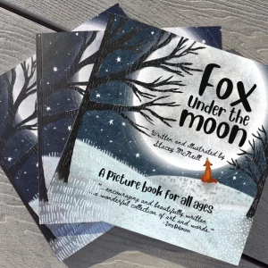 fox under the moon book showing the front cover of a tree, a huge moon and a fox looking up.