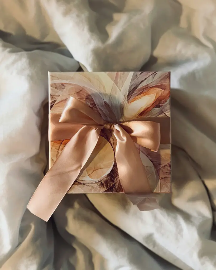 Parcel wrapped with gold/bronze ribbon laid on a bed